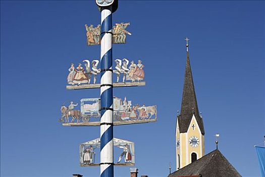 五月花柱,教区教堂,湖,上巴伐利亚,德国,欧洲
