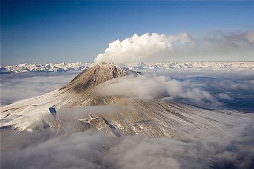 俯视,火山,蒸汽,库克海峡,西南方,阿拉斯加,冬天