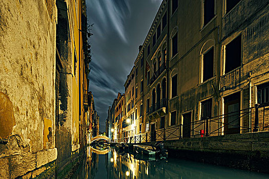 运河,传统,水岸,房子,夜晚,威尼斯,意大利