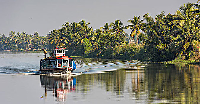 渡轮,死水,运河,湖,喀拉拉,印度,亚洲