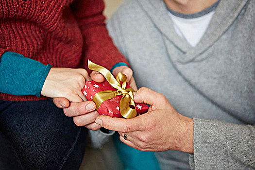 特写,情侣,握手,圣诞节,礼物,沙发