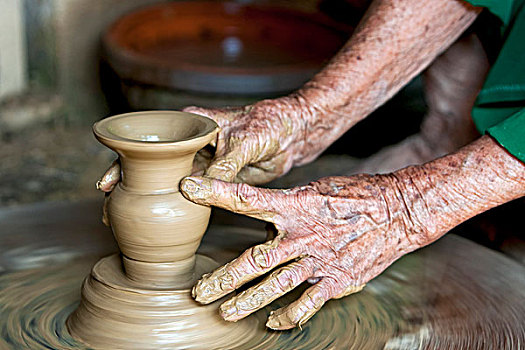 老,手,制作,陶器