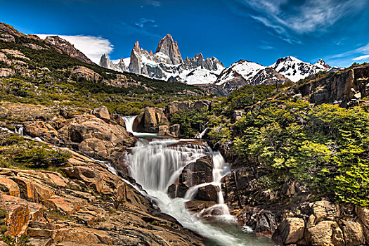 瀑布,仰视,攀升,菲茨罗伊,洛斯格拉希亚雷斯国家公园,巴塔哥尼亚,阿根廷