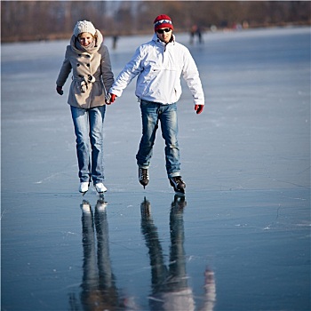 情侣,滑冰,户外,水塘
