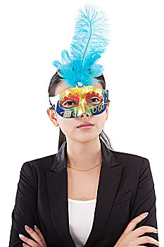东方商务女士戴着面具