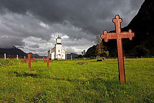 教堂,墓地,罗浮敦群岛,挪威,斯堪的纳维亚,欧洲