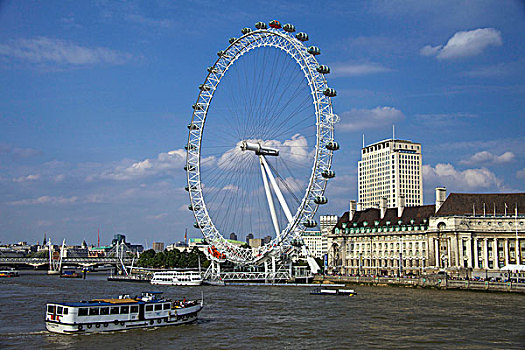 南方,堤岸,伦敦,展示,伦敦眼,泰晤士河,河,船,漂亮,白天,蓝天,白色,蓬松,云