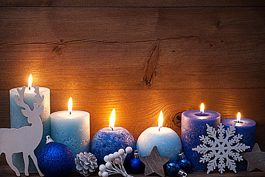 圣诞贺卡,蓝色,蜡烛,驯鹿,球
