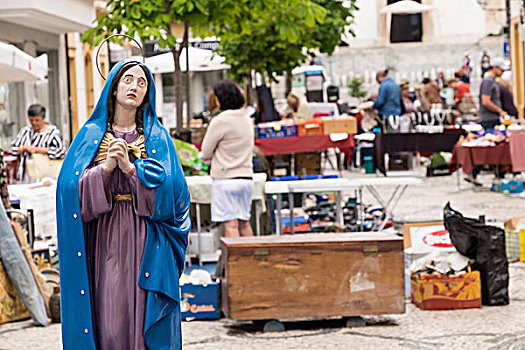 葡萄牙,阿威罗,威尼斯,10世纪,城市,靠近,教堂,街边市场,圣母玛利亚,小雕像,背景