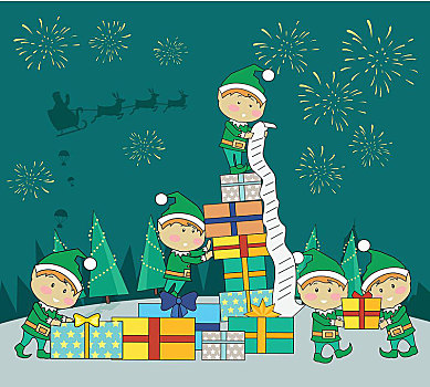 圣诞节,小精灵,包装,礼物,礼盒,清单,烟花,圣诞老人,驯鹿,天空,雪,背景,魔幻,新年,概念,卡通,风格,矢量
