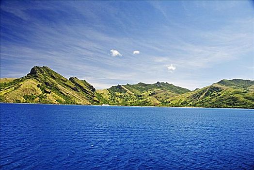 斐济,岛屿,船长,烹饪,游船,绿色,山峦,海洋