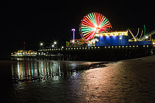圣莫尼卡码头,光亮,夜晚,加利福尼亚,美国