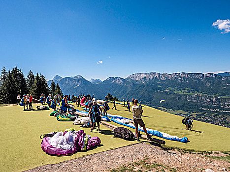 滑翔伞运动者,等待,开始,状况,法国阿尔卑斯山