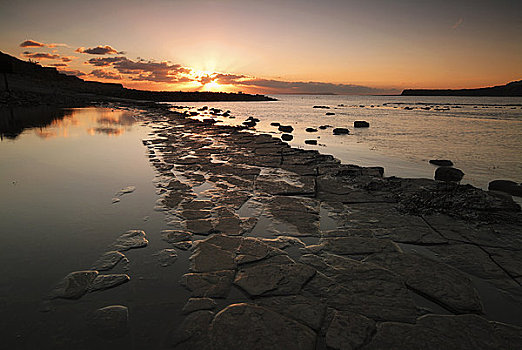 英格兰,鲜明,日落,上方,侏罗纪海岸,湾,光亮,拼图,形状,史前,石头,床