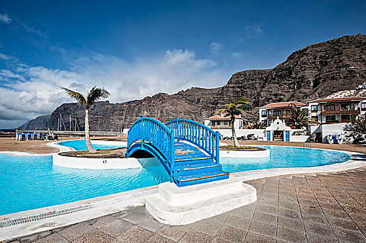 游泳池,海滩,港口,背影,山,特内里费岛,西班牙,欧洲