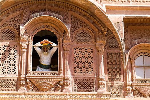 印度,拉贾斯坦邦,堡垒,男人,窗户,宫殿