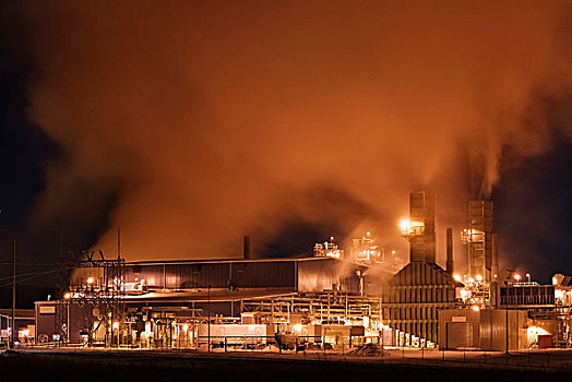 电厂,夜晚,艾伯塔省,加拿大