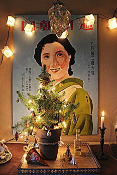 小,装饰,圣诞树,彩灯,正面,光亮,海报,日本,女人