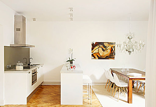 木桌子,椅子,白色,设计师,厨房,就餐区