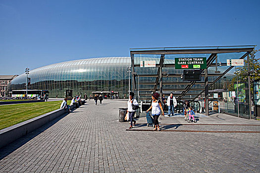 行人,斯特拉斯堡,中心,车站,现代,玻璃,圆顶,遮盖,19世纪,世纪,建筑,阿尔萨斯,法国,欧洲