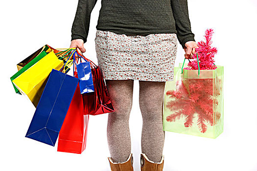 女人,拿包,满,礼物,粉色,塑料制品,圣诞树