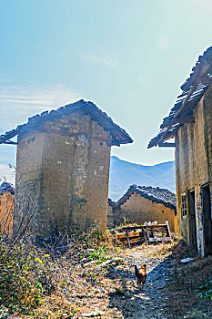 村庄,农村,房子,老屋,土墙,树,水沟,小溪,山,蓝天,鸡,鸭,草,田地,农舍