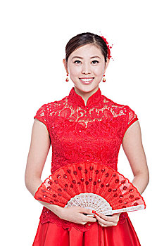 年轻,亚洲女性,红色,旗袍,纸扇,春节