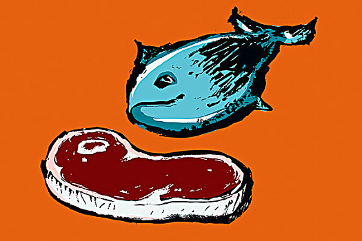 插画,鱼肉,肉,橙色背景