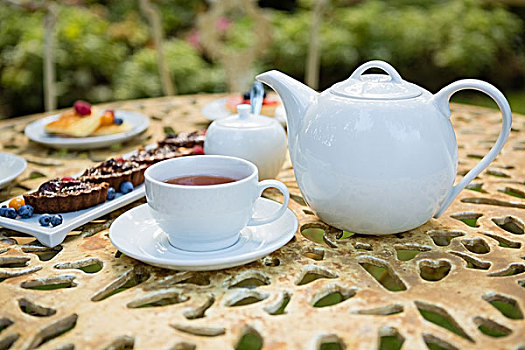 茶杯,甜点,茶壶,桌上,花园