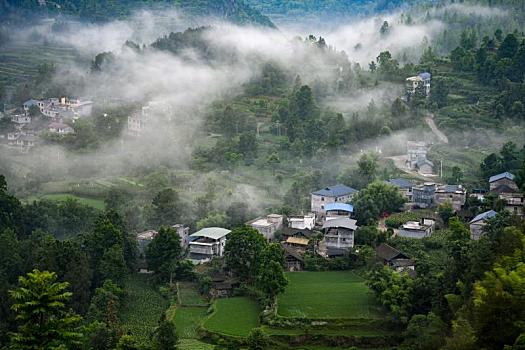 重庆酉阳,乡村雨中雾弥漫