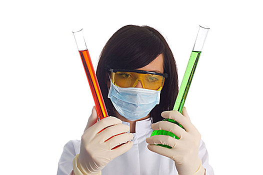 女人,化学品,管,实验室,白色背景