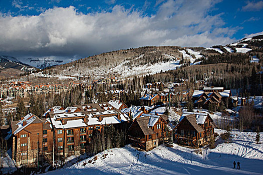 美国,科罗拉多,特柳赖德,俯视图,山村,滑雪区