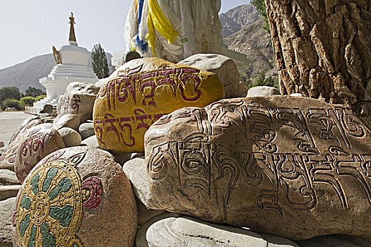 黄庙,树下摆放的玛尼石,新疆巴音郭楞蒙古自治州和静