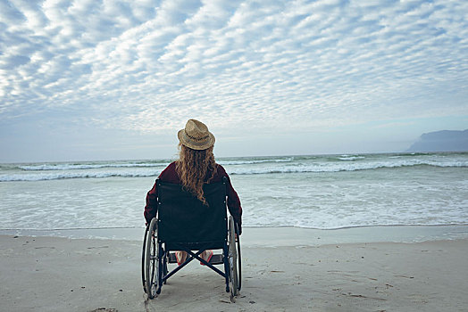 伤残,坐,女人,轮椅,海滩