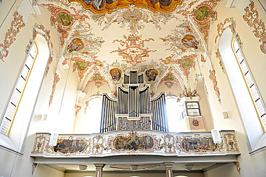 室内,器官,天花板,壁画,教堂中殿,路德教会,教堂,巴登符腾堡,德国,欧洲