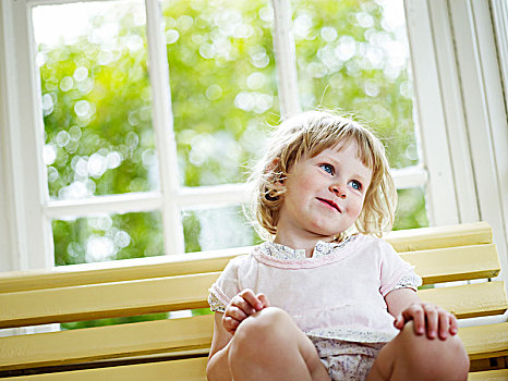 微笑,女孩,坐,窗,瑞典