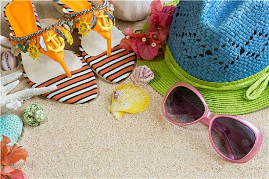 凉鞋,帽子,墨镜,沙子,夏天,海滩,概念