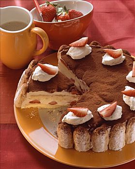 提拉米苏蛋糕,蛋糕,草莓,奶油,块,切削