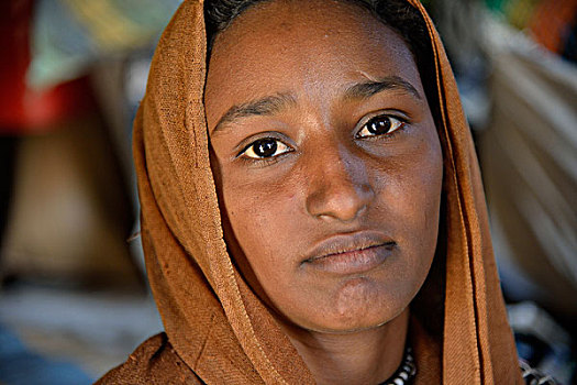 女孩,游牧,部落,穿,头饰,头像,荒芜,努比亚,北方,苏丹,非洲