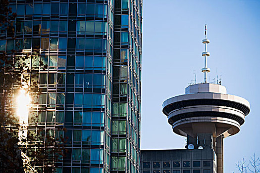 阳光,反射,摩天大楼,靠近,港口,中心,建筑,市区,温哥华,不列颠哥伦比亚省,加拿大