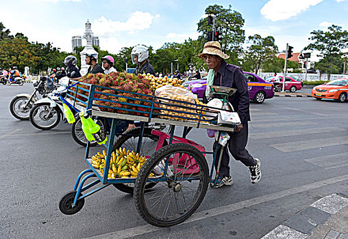 果蔬摊,推,手推车,街道,曼谷,泰国,亚洲
