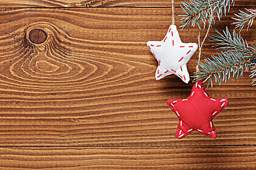 旧式,圣诞节,装饰,星,悬挂,云杉,细枝,木条板