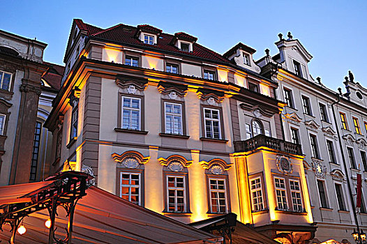 捷克共和国,布拉格,老,房子,建筑,灯,晚间