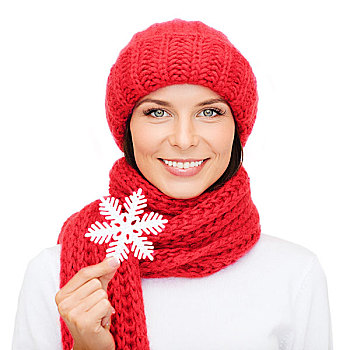 高兴,寒假,圣诞节,人,概念,微笑,少妇,红色,帽子,围巾,连指手套,拿着,雪花,装饰,上方,白色背景