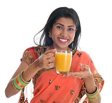印度女人,纱丽,喝,橙汁