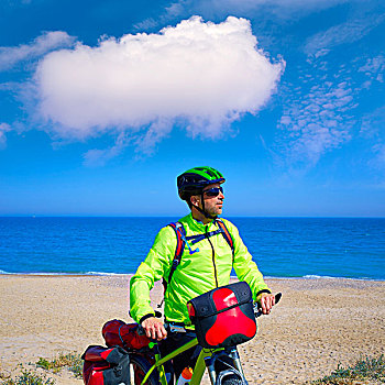 骑自行车,游客,骑车,地中海,海滩,挂包