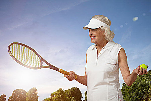 老年,女人,网球拍,球