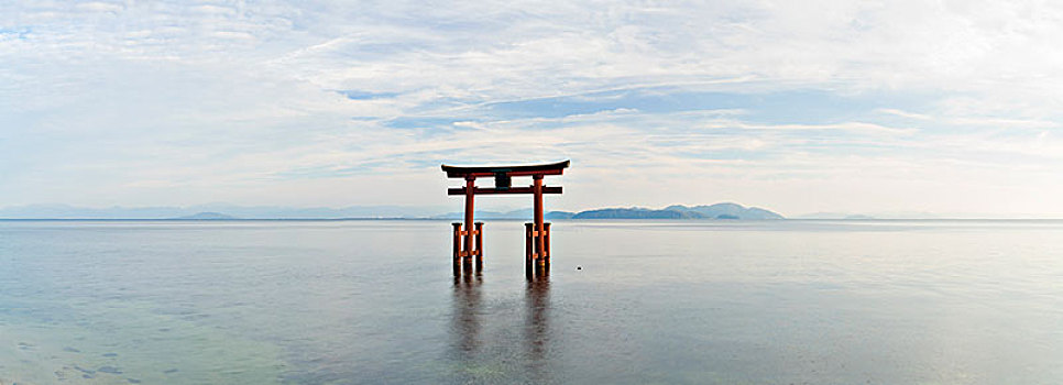 高,红色,漆器,鸟居,中间,湖