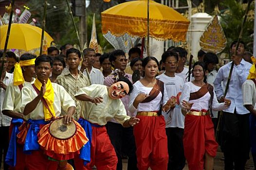 喜庆,队列,音乐,面具,传统服装,柬埔寨