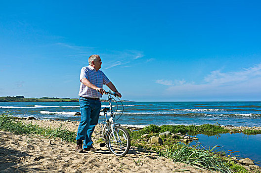 一个,男人,自行车,海滩,海岸,诺森伯兰郡,英格兰